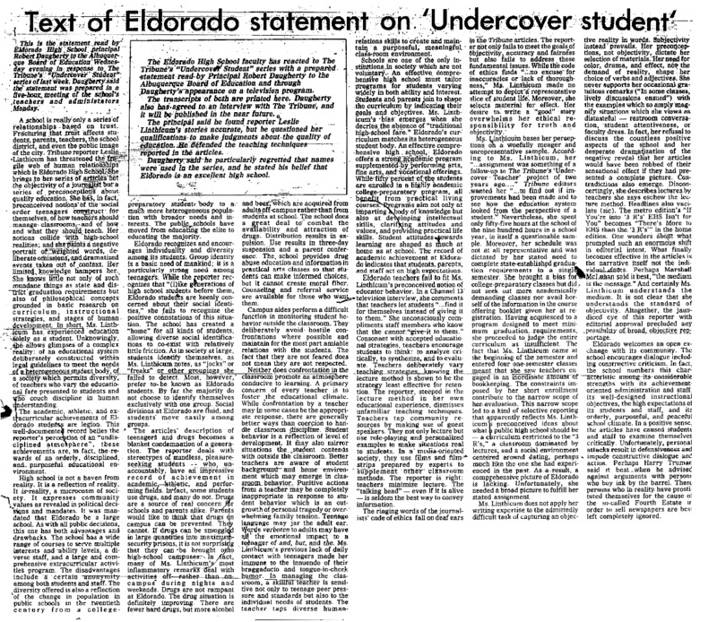 Principal statement on the Albuquerque Tribune series, "Undercover Student."