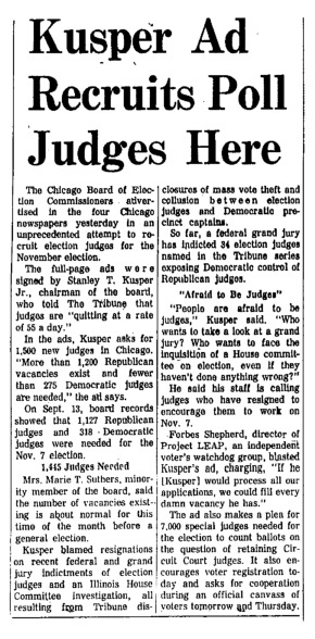 Chicago Tribune article titled, "Kusper Ad Recruits Poll Judges Here." Written by an Unsigned author.