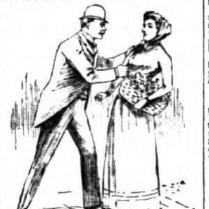 Sketch of a man grabbing the arm of a woman holding a basket 