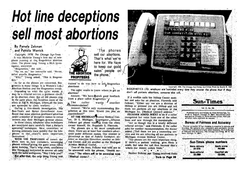 Chicago Sun-Times article titled, "Hot Line Deceptions Sell Most Abortions." Written by Pamela Zekman and Pamela Warrick as part of the "Abortion Profiteers" series.
