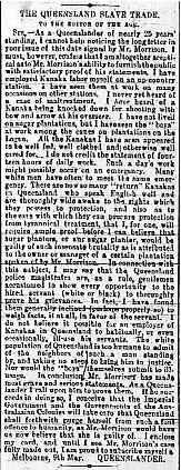 The Age article titled, "The Queensland Slave Trade." Written by Queenslander.