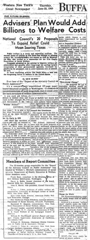 Buffalo Evening News article titled, "Advisers' Plan Would Add Billions to Welfare Costs." Written by Dick Burke.