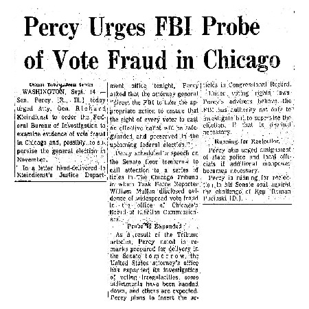 Chicago Tribune article titled, "Percy Urges FBI Probe of Vote Fraud in Chicago." Written by an Unsigned author as part of the reaction to the Task Force Vote Fraud Investigation.