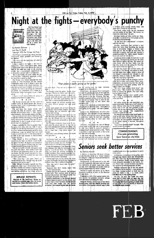 Chicago Sun-Times article titled, "Night at the Fights – Everybody's Punchy." Written by Pamela Zekman and Zay N. Smith as part of their Mirage series. 