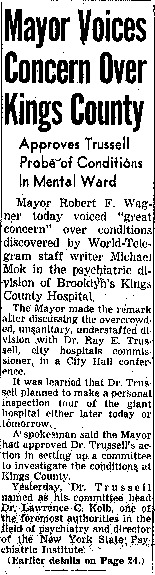 New York World-Telegram and Sun article titled, "Mayor Voices Concern Over Kings County."
