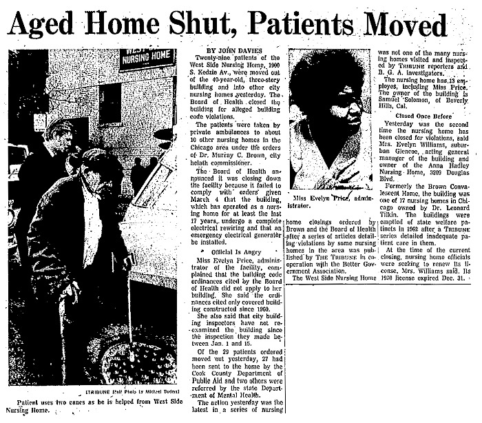 Chicago Tribune article titled, "Aged Home Shut, Patients Moved." Written by John Davies.