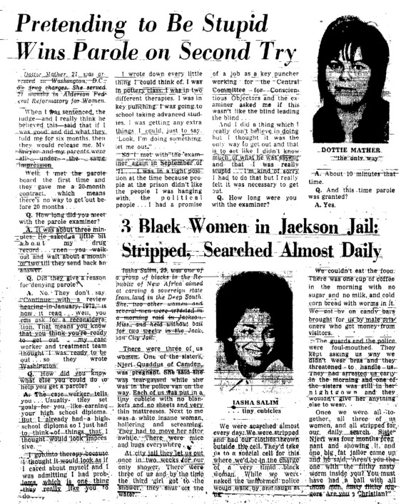 Two companion Washington Post articles titled, "Pretending to be Stupid Wins Parole on Second Try" and "3 Black Women in Jackson Jail Stripped; Searched Almost Daily." 