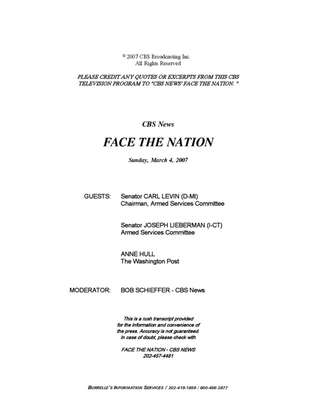 The cover of the transcript for an interview with Anne Hull, Senator Lieberman and Senator Levin.