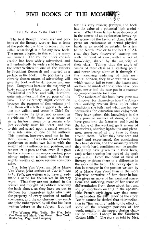 The Bookman article titled, "Five Books of the Moment." Written by Grace Isabel Colbron.