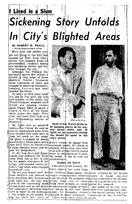The first article of Woody Klein's New York World Telegram and Sun series, "I Lived in a Slum."