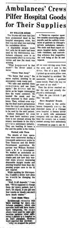 Chicago Tribune article titled, "Ambulances' Crews Pilfer Hospital Goods for Their Supplies." Written by William Jones as part of the Private Ambulance Investigation.