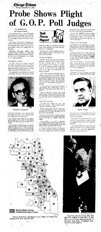 Chicago Tribune article titled, "Probe Shows Plight of G.O.P. Poll Judges." Written by George Bliss and William Currie as part of the Task Force Vote Fraud Investigation.