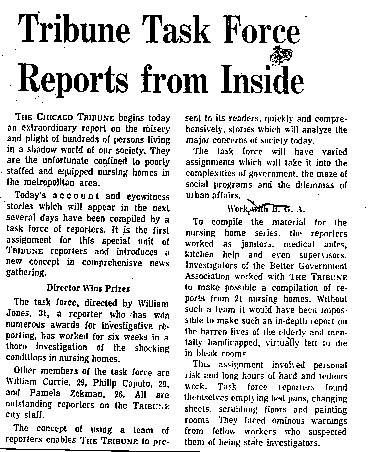 Chicago Tribune article titled, "Tribune Task Force Reports from Inside." Written as part of the nursing home exposé.