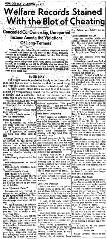 Buffalo Evening News article titled, "Welfare Records Stained by the Blot of Cheating." Written by Ed May as part of the "Our Costly Dilemma" series.