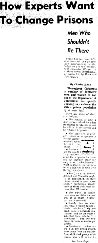 San Francisco Chronicle article titled, "Men Who Shouldn't Be There." Written by Charles Howe as part of the "Behind Prison Bars" series.