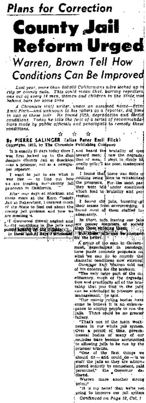 San Francisco Chronicle article titled, "County Jail Reform Urged." Written by Pierre Salinger.