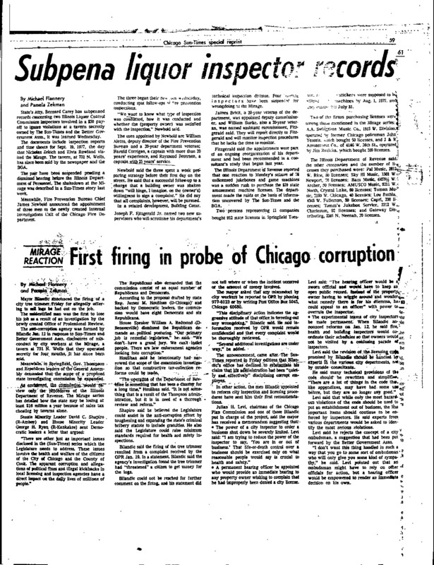 Chicago Sun-Times article titled, "First Firing in Probe of Chicago Corruption." Written by Michael Flannery and Pamela Zekman as part of the Mirage Reaction. 