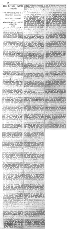 An article titled, "Our Representative on a Recruiting Schooner; Death of a 'Return'; A Large Number of Recruits Obtained." Written as part of the series "The Kanaka Labour Traffic" by J.D. Melvin.