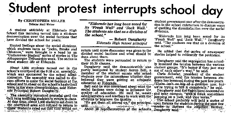 Albuquerque Tribune article titled, "Student Protest Interrupts School Day." Written by Christopher Miller.