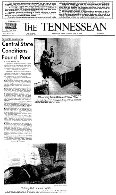 Nashville Tennessean article titled, "Personal Experience: Central State Conditions Found Poor." Written by Frank Sutherland as part of a series. 