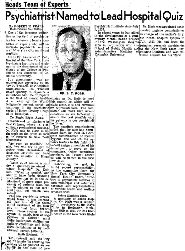 New York World-Telegram and Sun article titled, "Psychiatrist Named to Lead Hospital Quiz." Written by Robert H. Prall.