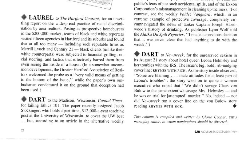 Laurel from Columbia Journalism Review, The Hartford Courant reported a widespread practice of racial discrimination in the real estate market in Hartford and its suburbs.