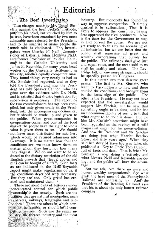 The Independent article titled, "The Beef Investigation." Written by the Editorial team as a follow-up to Upton Sinclair's "The Jungle."
