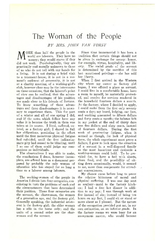Harper's article titled, "The Woman of the People." Written by Bessie John Van Vorst.