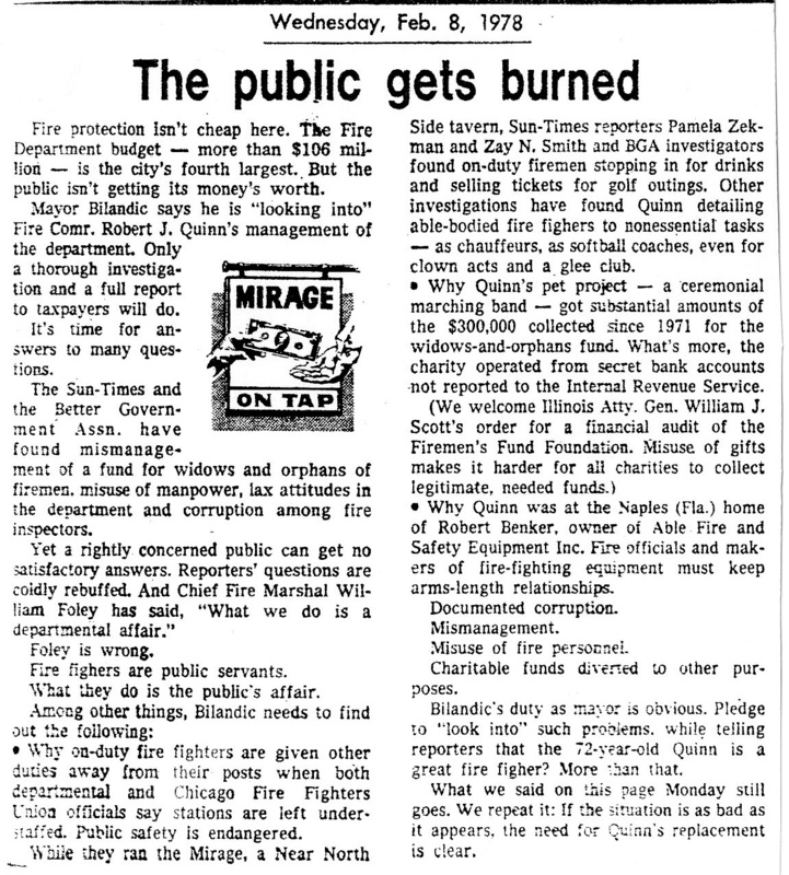 Article titled "The Public Gets Burned," written by Pamela Zekman and Zay N. Smith as part of their larger Mirage Editorial. Published by the Chicago Sun-Times in 1978.