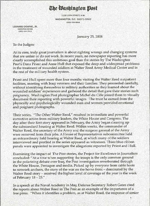 Leonard Downie's Letter of Introduction to the Pulitzer Prize Committee.