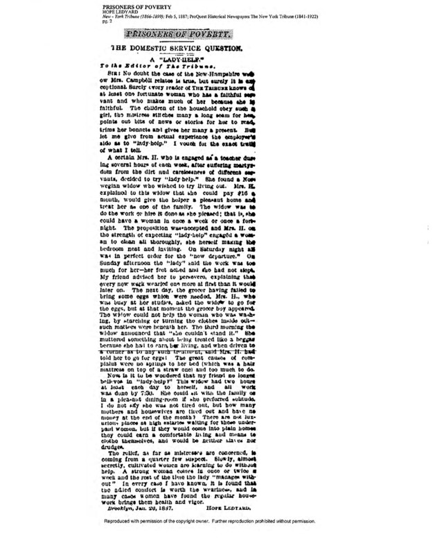 Hope Ledtard's letter to the editor of the New York Tribune reacting to Helen Campbell's "Prisoners of Poverty" series.