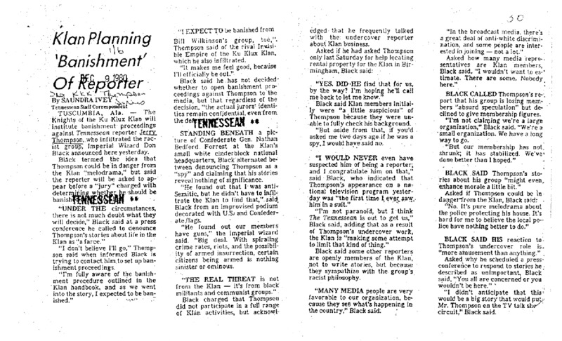 Nashville Tennessean article titled, "Klan Planning 'Banishment' of Reporter."Written by Saundra Ivey.