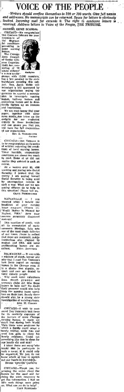 Letters to the editors of the Chicago Tribune about the nursing home exposé.