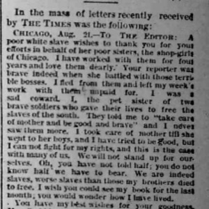 Letter published in the Chicago Times in response to Nell Nelson's series , "City Slave Girls."