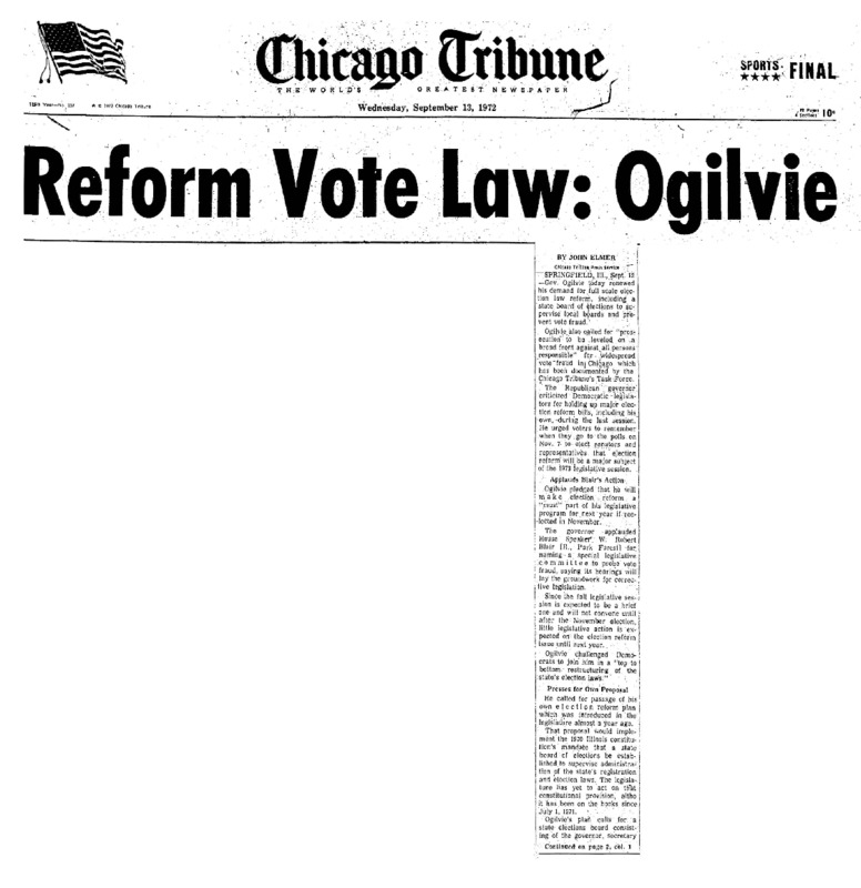 Chicago Tribune article titled, "Reform Vote Law: Ogilvie." Written by John Elmer.