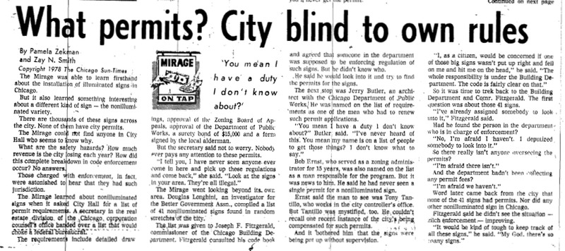 Chicago Sun-Times article titled "What permits? City Bind to Own Rules." Written in 1978 by Pamela Zekman and Zay N. Smith as part of their Mirage Editorial. 

