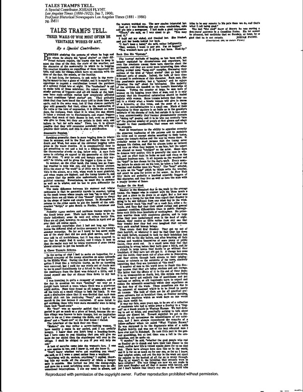 Los Angeles Times article titled, "Tales Tramps Tell." Written by Josiah Flynt.