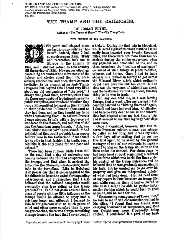 An article from The Century titled, "The Tramp and the Railroads." Written by Josiah Flynt.