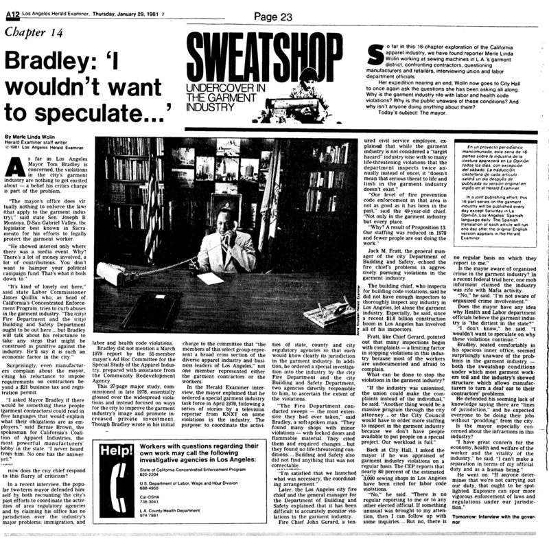 Los Angeles Herald-Examiner article titled, "Bradley: 'I wouldn't want to speculate...'" Written by Merle Linda Wolin.