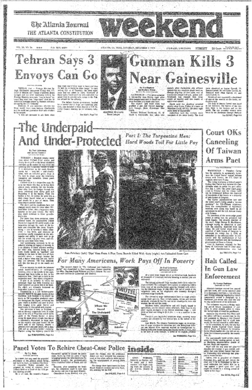 Lee May spends a week working with the turpentine men of the South Georgia woods to learn about their lives in Part One of the Atlanta Constitution's six-part series on the Georgia industries that underpay their workers.