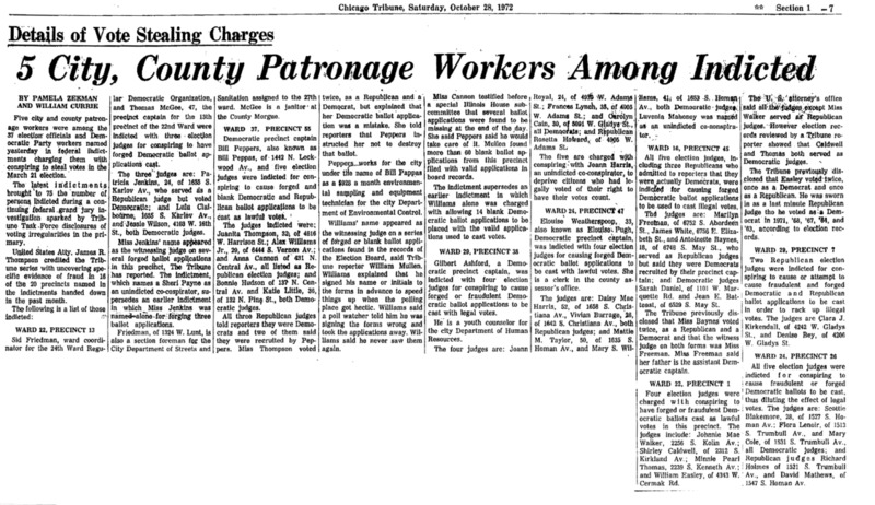 Chicago Tribune article titled, "Details of Vote Stealing Charges." Written by Pamela Zekman and William Currie as a follow-up to the Task Force Vote Fraud Investigation.