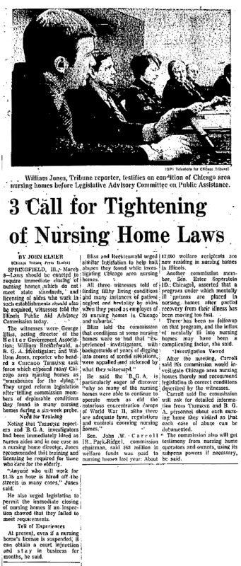 Chicago Tribune article titled, "3 Call for Tightening of Nursing Homes Laws." Written by John Elmer.