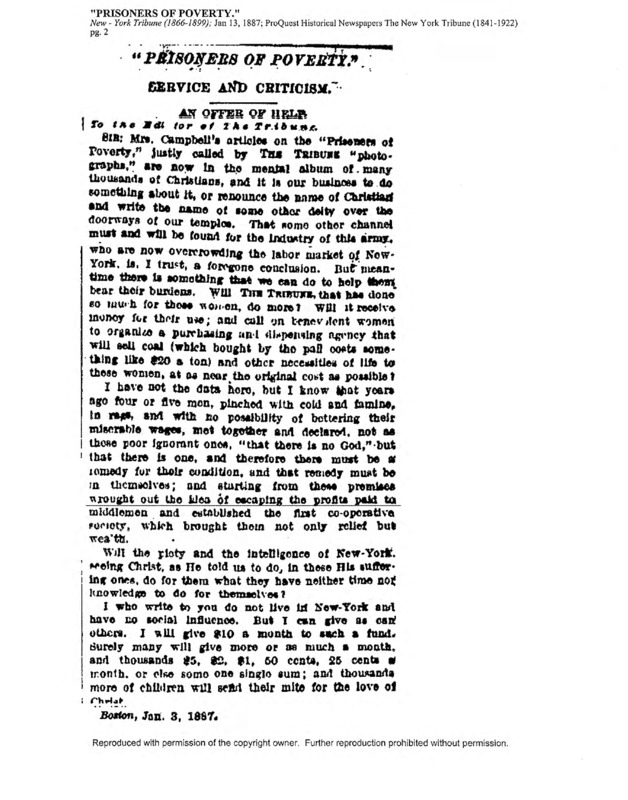 A letter to the editor of the New York Tribune reacting to Helen Campbell's "Prisoners of Poverty" series.
