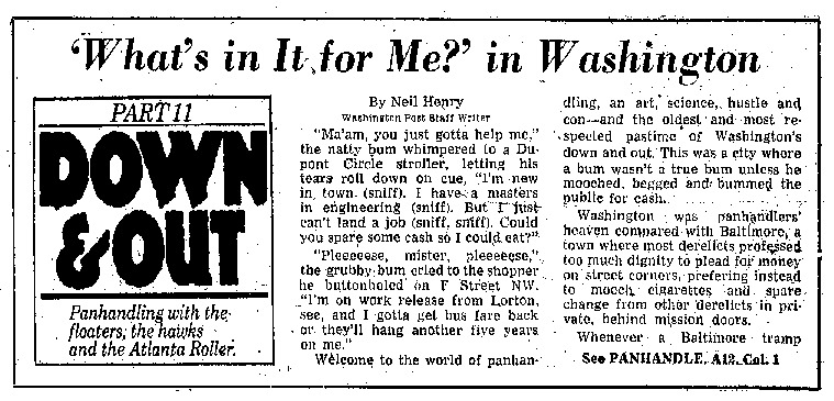 Washington Post article titled, "'What's in It for Me?' in Washington." Written by Neil Henry in 1980. 