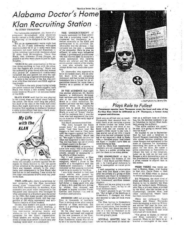 Nashville Tennessean article titled, "Alabama Doctor's Home Klan Recruiting Station." Written by Jerry Thompson as part of his series, "My Life With the Klan."