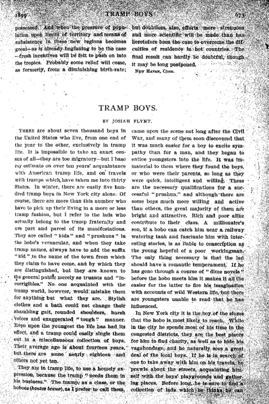 An article from The Independent titled, "Tramp Boys." Written by Josiah Flynt.