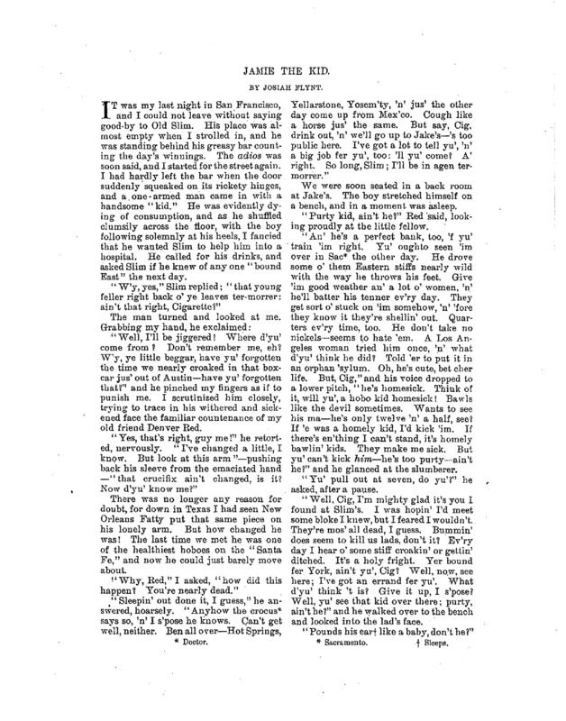 Harper's article "Jamie The Kid." Written by Josiah Flynt.