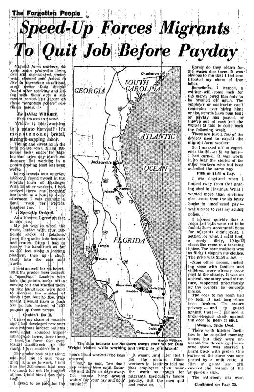 New York World Telegram and Sun article titled, "Speed-Up Forces Migrants to Quit Job Before Payday." Written by Dale Wright as part of the Forgotten People series.
