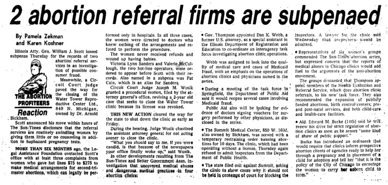 Chicago Sun-Times article titled, "2 Abortion Referral Firms are Subpenaed." Written by Pamela Zekman and Karen Koshner as part of the reaction to the "Abortion Profiteers" series.