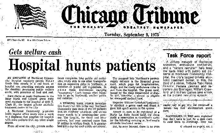 Chicago Tribune article titled, "Hospital hunts patients." Written by the Task Force Report Team as part of the Task Force Report.